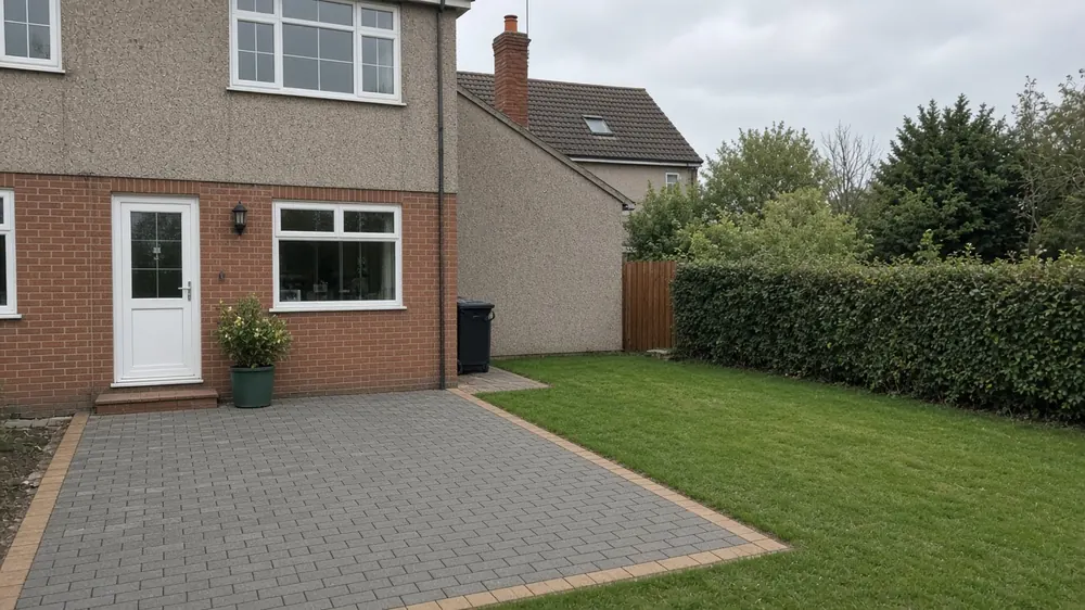 Example image: grey block paving patio with sandstone border