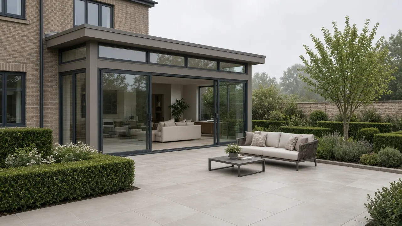 Example image: a large-format porcelain patio outside a glazed garden room